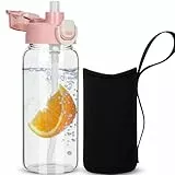 DEARRAY 0.6l Trinkflasche Glas Flasche mit Strohhalm Auslaufsicher Wasserflasche 600ml BPA frei Glasflasche mit Schutzhülle für Kinder, Schule, Männer, Frauen, Sport