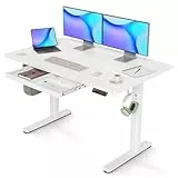 Claiks Höhenverstellbarer Schreibtisch 120x60cm mit Schublade, 80kg Tragkraft Elektrisch Schreibtisch Höhenverstellbar mit 3-Funktions-Memory und 2 Kopfhörerhaken, Standing Desk with Drawer, Weiß