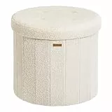 SONGMICS Mazie Kollektion – Sitzhocker rund, Fußhocker mit Stauraum, Faltbarer Hocker mit abnehmbarem Deckel, einfache Montage, Fleece, Wohnheim, Schlafzimmer, Wohnzimmer, cremeweiß LSF606W01