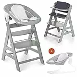 hauck Hochstuhl Alpha+ Newborn Set mit 2in1 Bouncer - Mitwachsender Holz Babyhochstuhl ab Geburt, inkl. Sitzauflage & Neugeborenenaufsatz - Grau