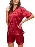 Reliwel Schlafanzug Damen Satin Pyjama Damen Kurz Set mit Knopfleiste V-Ausschnitt Zweiteiliger Pjs Sets Seide Nachtwäsche Kurzarm Sommer Hemdpyjama Hausanzug S-XXL