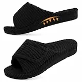 Litfun Orthopädische Damen Hausschuhe mit Memory Foam fussbett, Arch Support Verstellbarer Klettverschluss pantoffeln, Cord offene Zehen slipper Indoor Outdoor, Schwarz 40 EU