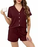 Wikoan Schlafanzug Damen Baumwolle Sommer Pyjama mit Knopfleiste Nachtwäsche Sommer Schlafanzüge Kurz Zweiteiliger Kurzarm Pyjama Set Burgunderrot XL
