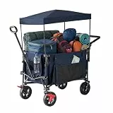 Relaxdays Bollerwagen, faltbar, 150 kg, Dach, Teleskop- & Schiebegriff, Gummireifen mit Bremse, Transportwagen, blau