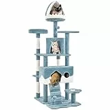 Yaheetech Kratzbaum XXL 93x55x184 cm, Ozean-Thema Katzenbaum, mit 3 Katzenhöhle 5 Sisalstämme 4 Plattformen, Stabiler Stilvoller Kletterbaum für Katzen, Blau/Weiß