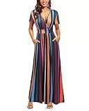 OUGES Sommerkleid Damen Kurzarm V-Ausschnitt Kleider Casual Boho Kleid Maxikleid mit Taschen Partykleid(Floral-41, XL)