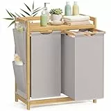 SONGMICS Wäschekorb 2 Fächer, Bambus, Wäschesammler 100 L, Wäschesortierer, mit Ablage, Wäschesack, kleine seitliche Taschen, Wäscheregal, 2 x 50 L, 63 x 33 x 78 cm, rauchgrau RLH100G02