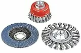 kwb 3-teiliges Drahtbürsten-Set für Winkelschleifer - Reinigung und Schleifarbeiten - Inklusive 115 mm Schleifscheibe K-80 - M14-Aufnahme