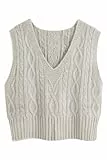 Pullunder Damen Ärmellos V-Ausschnitt Strickweste Pullover Elegant Strickpullover Strickpulli Casual Damen Herbst Winterpullover Sweater Vest Beige L