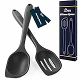 HOTEC Pfannenwender aus hitzebeständigem Silikon, große Kochlöffel solide und geriffelt zum Rühren, Servieren, Schaben, Antihaftbeschichtung, spülmaschinenfest, Schwarz, 31,8 cm