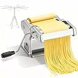 Manuelle Nudelmaschine, Edelstahl Pasta Maker mit zwei Breiten Kutter, 9 Einstellbaren Stärkeeinstellungen und Nudeltrockner Nudelständer, für Spaghetti, Fettuccini, Lasagne