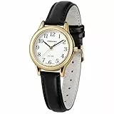 PINDOWS schlanke minimalistische Quarz-Analoguhr für Damen, Gehäuse in Goldton mit schwarzem Lederarmband, modische, Elegante Armbanduhr für den Alltag
