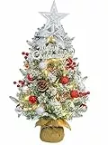 Mini Weihnachtsbaum Künstlich mit LED, 60cm Kleiner Weihnachtsbaum Geschmückt mit Kunstschnee und Ornamenten, Mini Tannenbaum für Weihnachten Deko(Rot Silber)