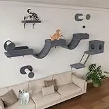 BYBYME Kletterwand Katzen Mit Langer BrüCke, Katzenregale Mit KratzbäUmen Und Katzenhaus, 5PCS Platzsparendes KlettermöBel FüR Erwachsene Katzen Und KäTzchen (Dunkelgrau)