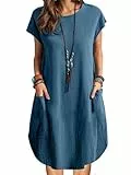 ZANZEA Leinenkleid Damen Sommer Casual Rundhals Kurzarm Strandkleid Knielang Leicht Minikleid Blaues L