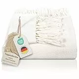 Gräfenstayn Premium Tagesdecke mit Fransen - 100% Baumwolle - 220 x 240 cm XXL - Fischgrätenmuster Sommerdecke - Baumwolldecke als Bett-Überwurf, Couch-Überwurf, Sofa-Decke (Creme)