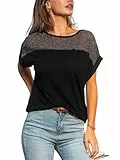 CUPSHE Damen Bluse Kurzarm Rundhals Mit Glitzer Mesh Einsatz Lockeres Freizeit Party Oberteil Sommer Tops Schwarz S