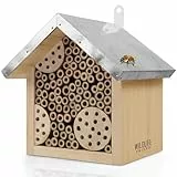 WILDLIFE FRIEND Insektenhotel aus Kiefernholz - Nisthilfe Mauerbienen und Bienen Nisthilfe mit wetterfestem Metalldach - 20 x 17 x 23 cm - fertig montiertes Insektenhaus für Garten Balkon