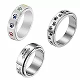 JewelryWe Fidget Angst Spinner Ring Damen - 3pcs Silber Edelstahl Anxiety Ringe Set mit Pfotenabdruck für Haustiere Welpe Kätzchen Zappel-Band Stressabbau Spinning Ringe für Frauen Größe 62
