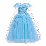 FYMNSI Mädchen Prinzessin Kostüm Maxikleid mit Schneeflocke Umhang Kinder Halloween Cosplay Karneval Fasching Verkleidung Weihnachten Partykleid Abendkleid Festkleid Eisblau 5-6 Jahre