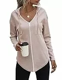 Cuptacc Kapuzenpullover Damen V Ausschnitt mit Reißverschluss Langarm 2025 Mode Hoodie Damen Oversize mit Taschen Aprikose M