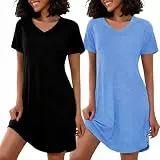 Marvmys 2er Nachthemd Damen Kurzarm Baumwolle Nachtkleid Damen Sommer V Ausschnitt Schlafshirt Bequem Nachtwäsche Frauen M-4XL