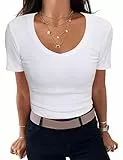 Aottori T-Shirt Damen Gerippt Basic Tee Shirts V Ausschnitt Kurzarm Sommer Tshirt Slim Fit Stretch Oberteile Casual Tops Weiß XL