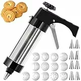 Gebäckpresse für Spritzgebäck Edelstahl Kekspress Spritzgebäck Presse mit 13 Schablonen,8 Tüllen, Spritzbeutel Keksbeutel und Reinigungsbürste Kekspress Plätzchenpresse für Kuchen Kekse Churros