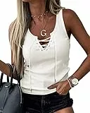 GeGekoko Damen Tank Tops Sexy Tiefer V-Ausschnitt Top Basic Ärmellos Shirts Rippstrick Party Tops mit Kordelzug Weiß M