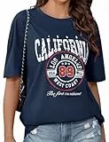 CMTOP Tshirt Damen Oversize Kurzarm Rundhals Oberteil Sommer Baumwolle Lockere Bedruck T-Shirt Casual Basic Tee Tops Bluse (Marineblau, XXL)