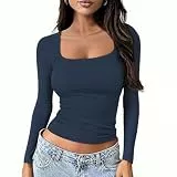 OOHOKAY Langarmshirt Damen U-Ausschnitt Basic Oberteile Y2K Slim Fit Tshirt Crop Tops Lässige Streetwear(Tibetisch blau-U1,S)