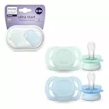 Philips AVENT Ultra Start Schnuller, kiefergerecht geformter Schnuller für Neugeborene, BPA-frei, mit Sterilisations-,Transportbehälter, Doppelpack, grün,blau, Modell SCF075/02