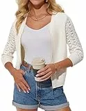 GRACE KARIN Damen Spitze Patchwork 3/4 Ärmel Strickjacke V-Ausschnitt Cardigan Reißverschluss Knitwear M Ivory