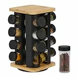 Relaxdays Gewürzkarussell, 16 Gewürzgläser, 360° drehbar, Edelstahl, Bambus, Glas, HxBxT: 28 x 20 x 20 cm, schwarz/Natur