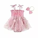 JiAmy Baby Mädchen Strampler Kleid mit Stirnband Rippstrick Tüllkleid mit Spitze Blumenstickerei Romper Tutu Outfit Neugeborene Sommer Babykleidung 12-18 Monate,Rosenrot