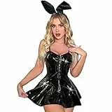 IDOPIP Frauen Glänzendes PU Leder Rave Outfits Festival Kostüm Halter BH Crop Top Mini Röcke Panty Bunny Cosplay Kostüm Teddy Dessous Set Sexy Gothic Punk Nightclub Clothes Set Schwarz 06 S