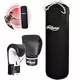 Physionics® Boxsack Set - mit Boxhandschuhen, Gefüllt, 25 kg, H100cm, Vierpunkt-Stahlkette - Erwachsene Punchingsäcke, hängend Boxen Sandsack, Punching Bag für Kickboxen, MMA, Kampfsport, Muay Thai