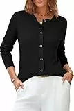 Arach&Cloz Strickjacke Damen Wolle Blend Weich Rundhals Cardigan Business Casual Langarm Tops mit Knopf(Schwarz, M)