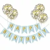 Meowoo Banner Happy Birthday Girlande mit 5 Goldenen Latexballons, Geburtstag Deko Zubehör Party Dekoration Banner und Ballon Set Geeignet für alle Altersgruppen (Blau)