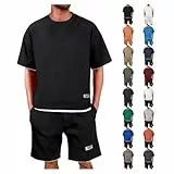 Sommer Outfit Herren 2026 Waffle Jogginganzug Zweiteiler Herren Sommer 2 Teiler Trainingsanzug Sommeranzug Kurz Fitness Kleidung Bequeme Shirt + Kurze Hose Set Freizeitanzug Tracksuit Für Männer