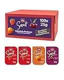 Schwartau Samt Portionen Mix-Box, Konfitüre Portionsschalen (50 x Erdbeere, 25 x Aprikose, 25 x zweierlei Kirsch), Großpackung, 100 x 25g