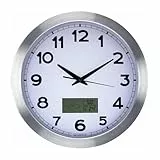 Perel Analoge Wanduhr 35 cm mit LCD für Temperatur und Luftfeuchtigkeit, gut lesbares Zifferblatt, Thermometer Hygrometer und Wetterstation, silberner Aluminiumrahmen, Wohnzimmer Küche Büro