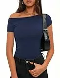 Totatuit Off Shoulder Oberteil Damen Kurzarm Slim Fit Top Schulterfrei Y2K Sommer Party Outfit Dunkelblau L