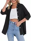 Aottori Musselin Bluse Damen Oversize Hemdbluse Oberteile Langarm Hemd Longbluse Langarmshirt Elegant V-Ausschnitt Baumwolle Lockere Blusenshirt Blusen Tunika mit Tasche #Schwarz XXL