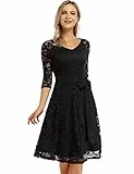 KOJOOIN Damen Vintage Kleid Brautjungfernkleid Knielang Langarm Spitzenkleid Cocktailkleid Schwarz L