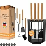 BLACK OAK Kaminbesteck DAVOS 5-teilig - edles & dekoratives Ofenbesteck Set schwarz mit Holzgriff 5 teilig Ständer + Kaminzange Schürhaken Ascheschaufel Kaminbesen Stahl Kaminzubehör Besteck für Ofen