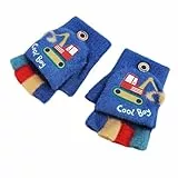 JIAHG Kinder Halbfinger Handschuhe Fingerlose Fäustlinge Mädchen Winter Cartoon Fingerhandschuhe Strickhandschuhe Thermohandschuhe mit Klappe (Dunkelblau (Bagger))