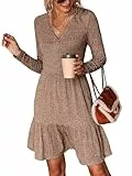 CUPSHE Damen Strickkleid Pulloverkleid Wickeloptik V Ausschnitt Rüschensaum Herbst Winter Pulli Minikleider Elegant Knit Sweater Dress Braun L
