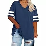 UHouse Oversized Tshirt Damen Sommer Shirts Vintage Oberteile Casual T-Shirt Elegant Kleidung Frauen Leicht Und Luftig Sommershirt Große Größen V Ausschnitt Tee Top Dunkelblau 4XL