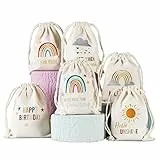 Papierdrachen 6 Geschenksäckchen zum Geburtstag - Regenbogen - aus Baumwolle - wunderschön und hochwertig bestickt - ideal zum Verpacken von Geschenken - Größe 13x18 cm mit Zugband